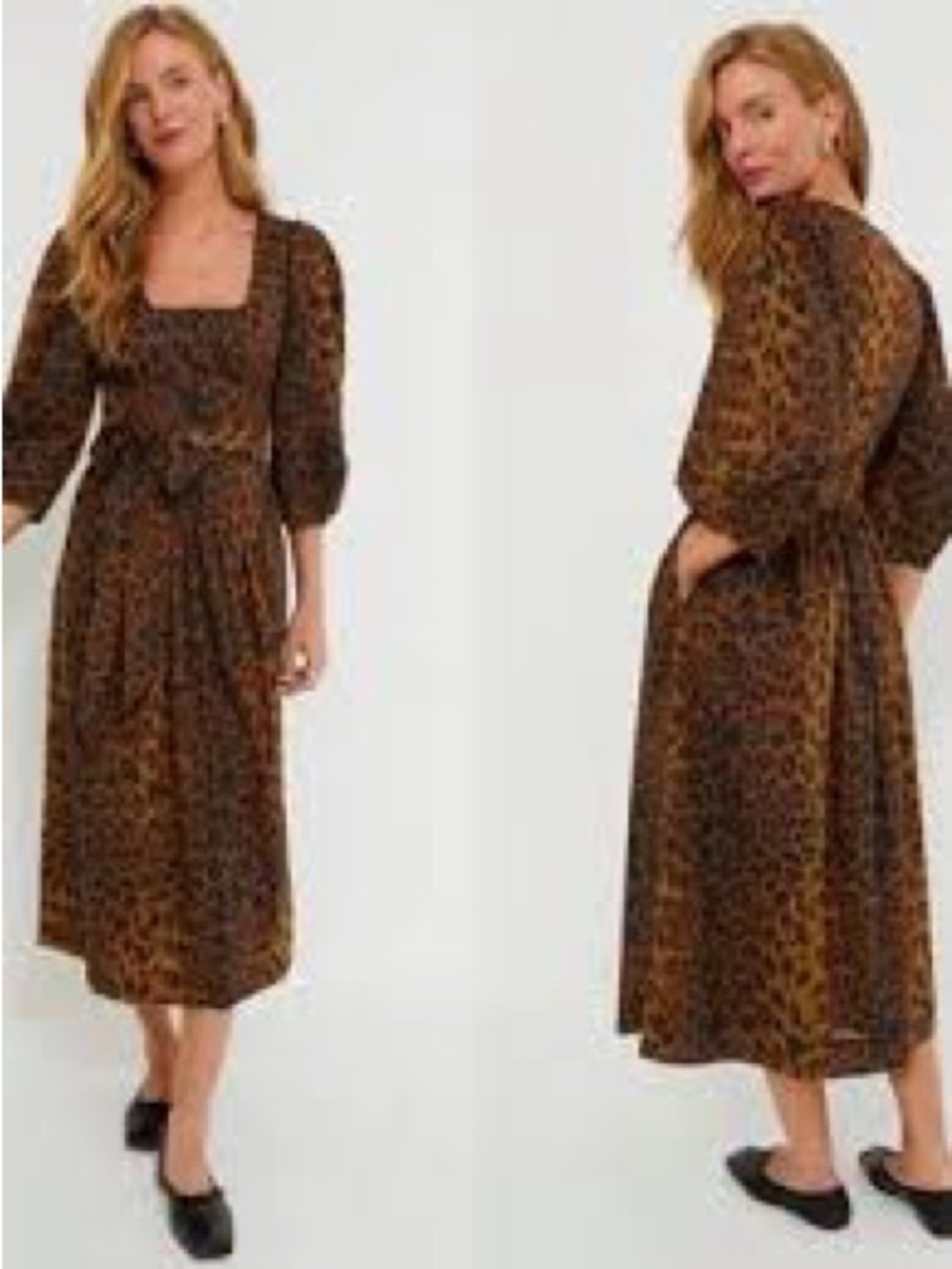 Tuckernuck Leopard Graciela Dress Womens 6 Brown NWT Square Neck Puff Sleeve - Picture 2 of 13